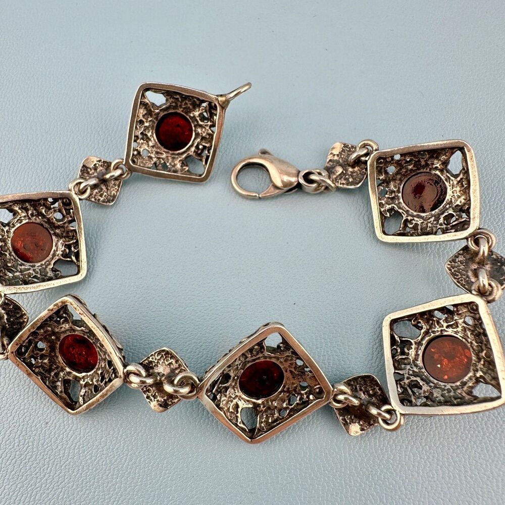 Vintage Sterling Silver Amber Bracelet Diamond Shape Filigree Floral Link Signed - Picture 4 of 16